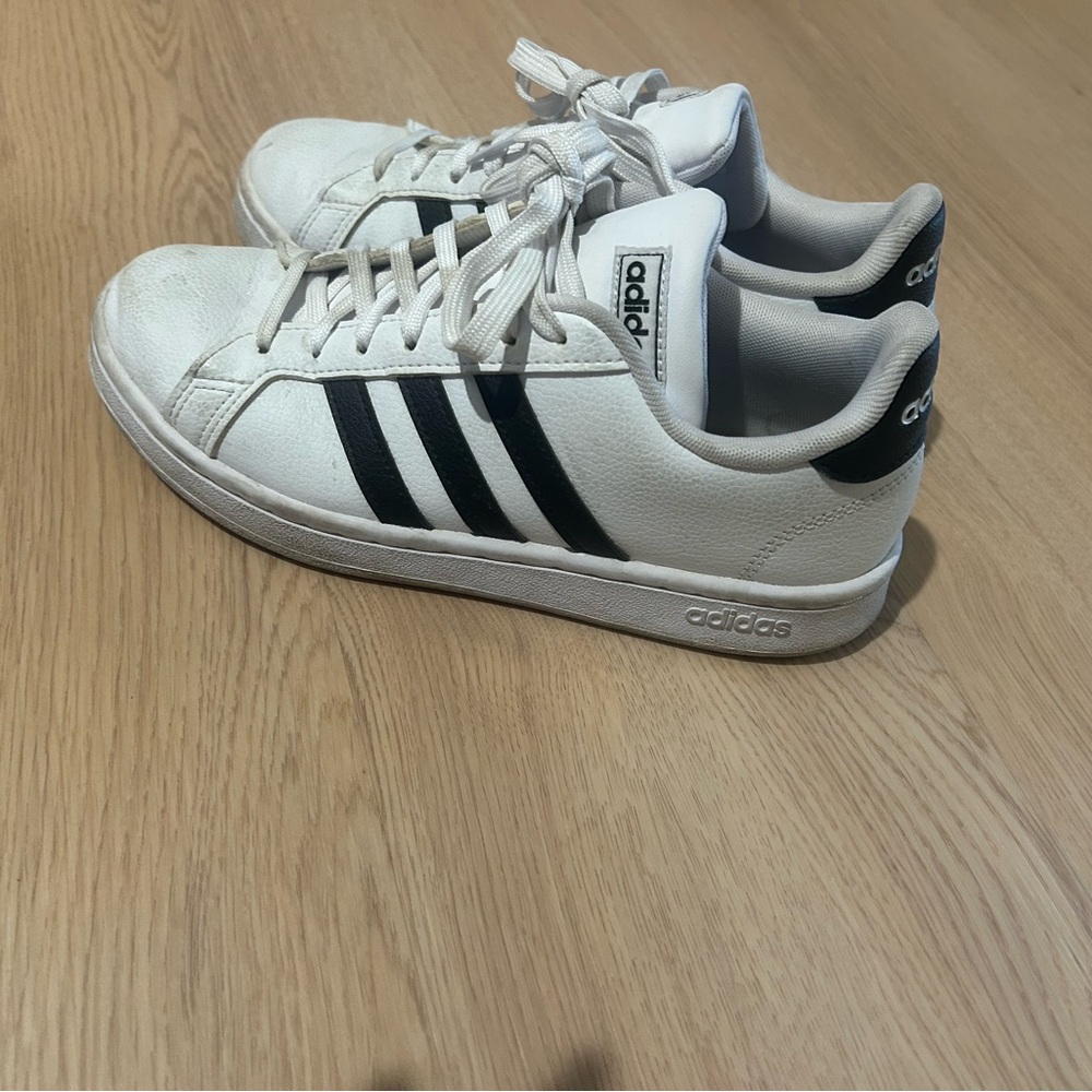 Adidas Grand Cort White and Black Sneakers- well-worn